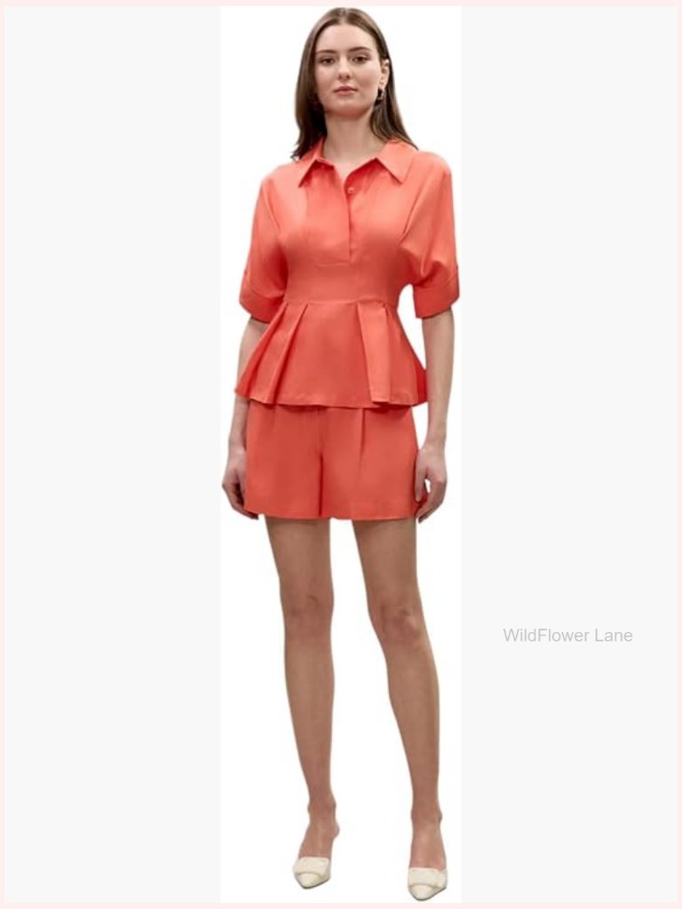 Short Sleeve Blouse With Shell Buttons, Premium High-Shine Fabric